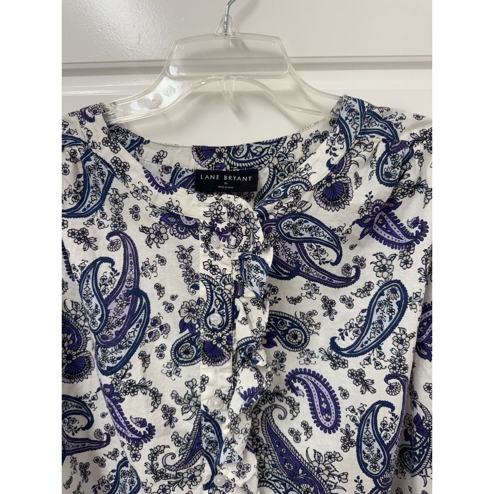 Lane Bryant Womens Plus Size 20 2X Purple Paisley Ruffle Button Front Blouse